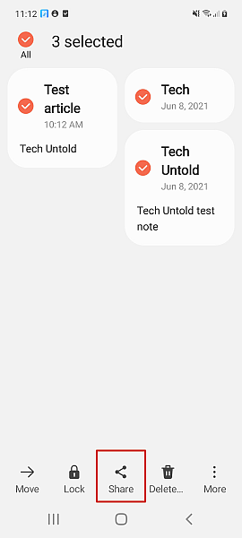Android Notes 應用程序中突出顯示的 Notes 文件和共享按鈕