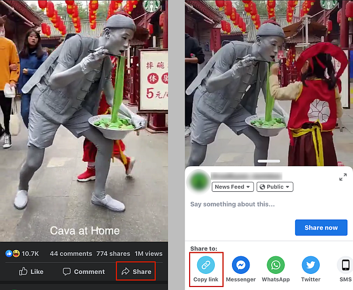 Získání odkazu na video na Facebooku pomocí tlačítka sdílení