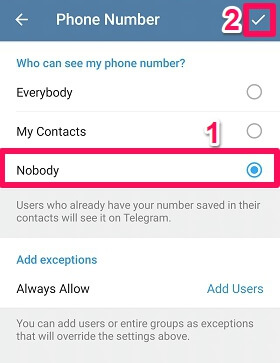 skrýt telefonní číslo v telegramu