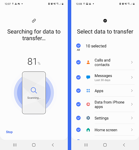 Datenerkennungsprozess in der Samsung Smart Switch App