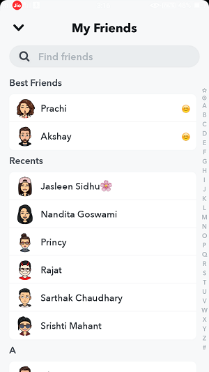 ver lista de amigos do snapchat