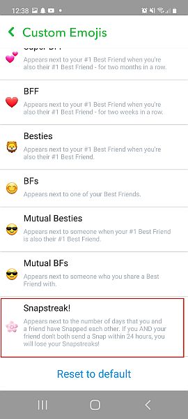 Snapchat aangepaste emoji-tabblad met snapstreak-optie gemarkeerd