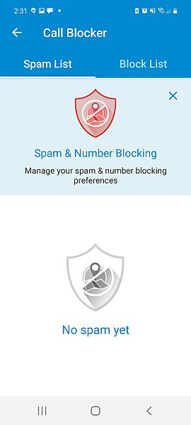 Callapp call blocker feature showing an empty spam list