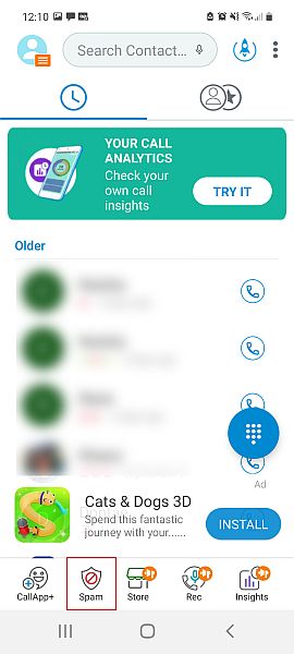 Callapp showing call history and the spam option highlighted