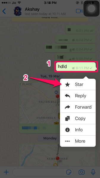 stjärnmärk eller bokmärk meddelanden i WhatsApp på iPhone