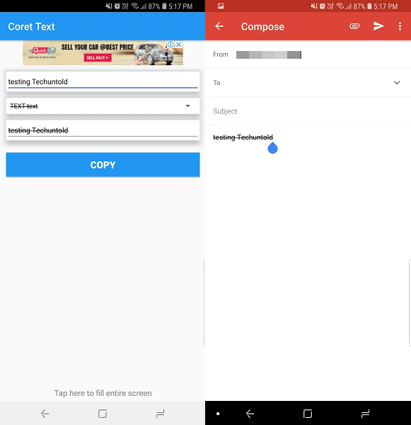ストライクテキスト-Androidデバイスを使用したスト​​ライクスルーGmail