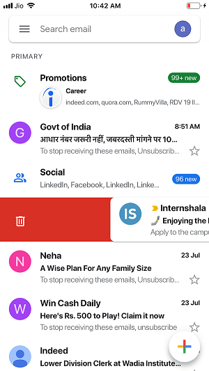 ændre swipe-indstillinger på Gmail ios-appen