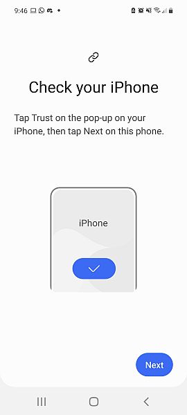 Verifique a tela de notificação do seu iPhone no aplicativo Samsung Smart Switch