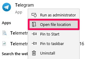 localização do arquivo do aplicativo de desktop telegram