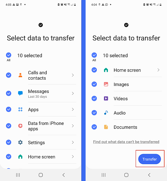 Datavalgsskærm på samsung smart switch-app, der viser datakategorier, der er tilgængelige for overførsel
