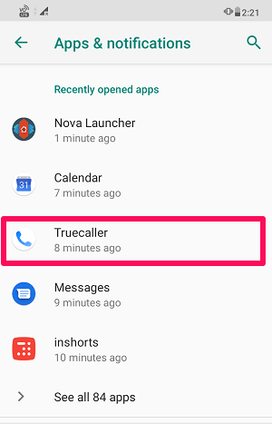 Truecaller-app under apps-indstillinger
