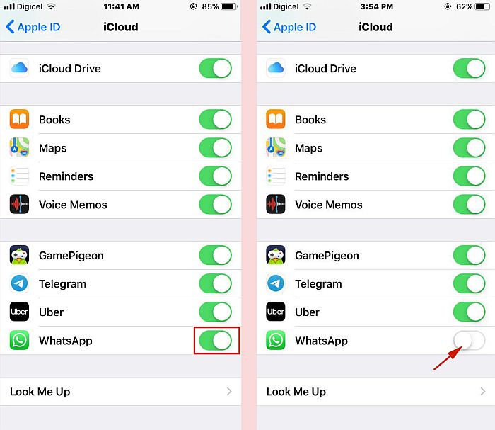 Désactiver la sauvegarde du lecteur icloud pour WhatsApp