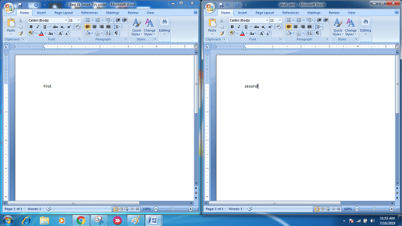 avaa kaksi MS Word -asiakirjaa vierekkäin