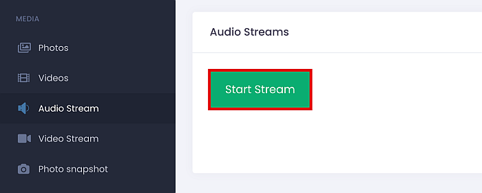 Fonction Umobix Audio Stream avec le bouton Démarrer le flux en surbrillance