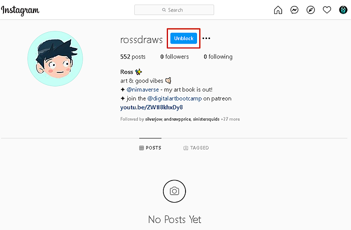 PC 中 Instagram 帐户配置文件的屏幕截图，其中突出显示了“取消阻止”按钮