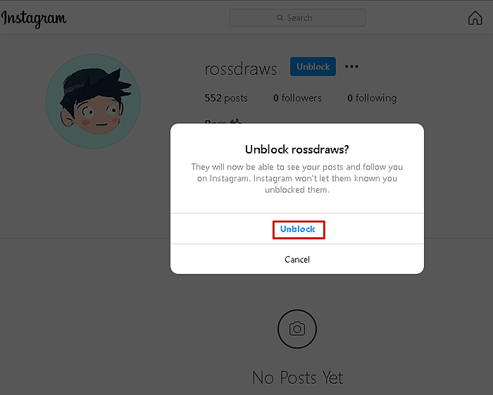 Στιγμιότυπο οθόνης του μηνύματος επιβεβαίωσης κατάργησης αποκλεισμού Instagram σε υπολογιστή με τονισμένο το κουμπί Ξεμπλοκαρίσματος