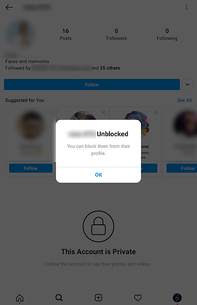 Mensaje de confirmación de desbloqueo de Instagram