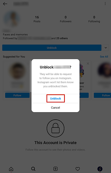 Spørre om opphev blokkering av Instagram med Unblock-knappen uthevet