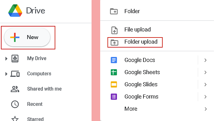 Prosessen med å laste opp en mappe i Google Drive i nettleseren