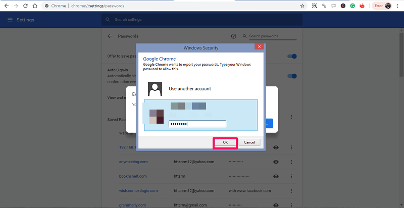 Aanmelden bij Windows-gebruikersaccount tijdens het exporteren van wachtwoorden