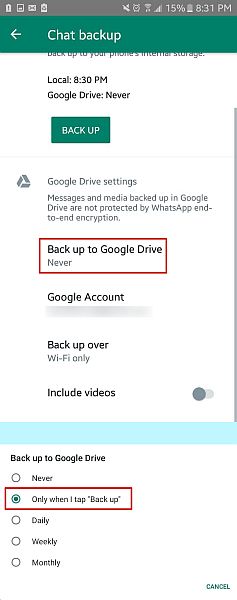 Backup delle chat di whatsapp su google drive