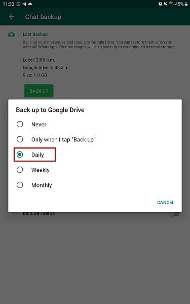 备份到谷歌驱动器弹出菜单，突出显示每日选项