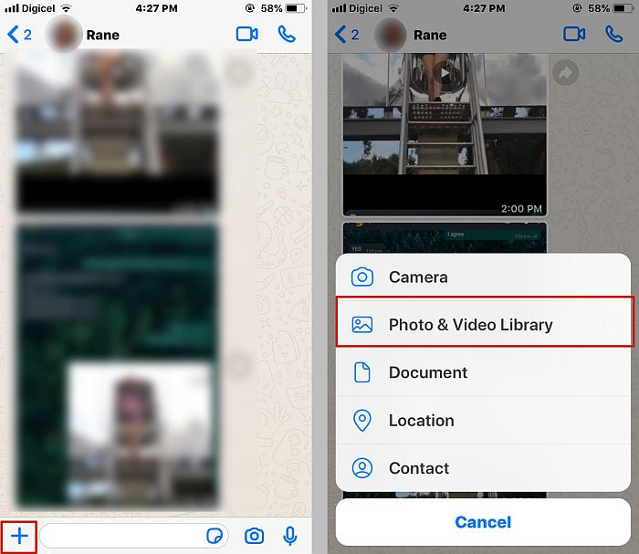 Attaching a video or photo on a whatsapp chat