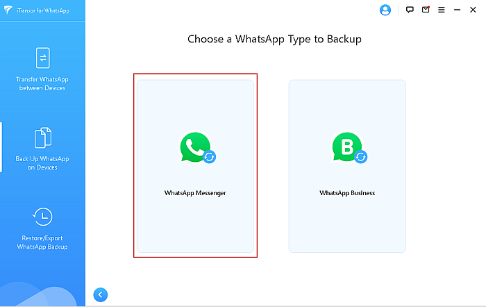 iTransor 选择备份页面的 WhatsApp 类型