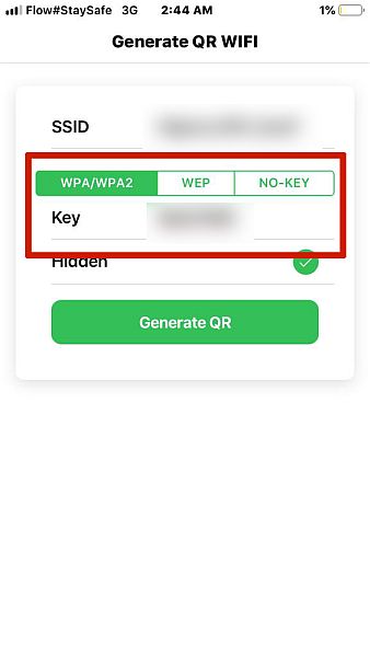 Digite a chave para Wifi no aplicativo Wifi QR Code Generator